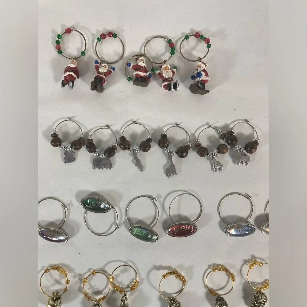 Vtg Lot 35 Wine Glass Charms Santa Fall Rustic Fruit Whimsical Girls Bunko Night